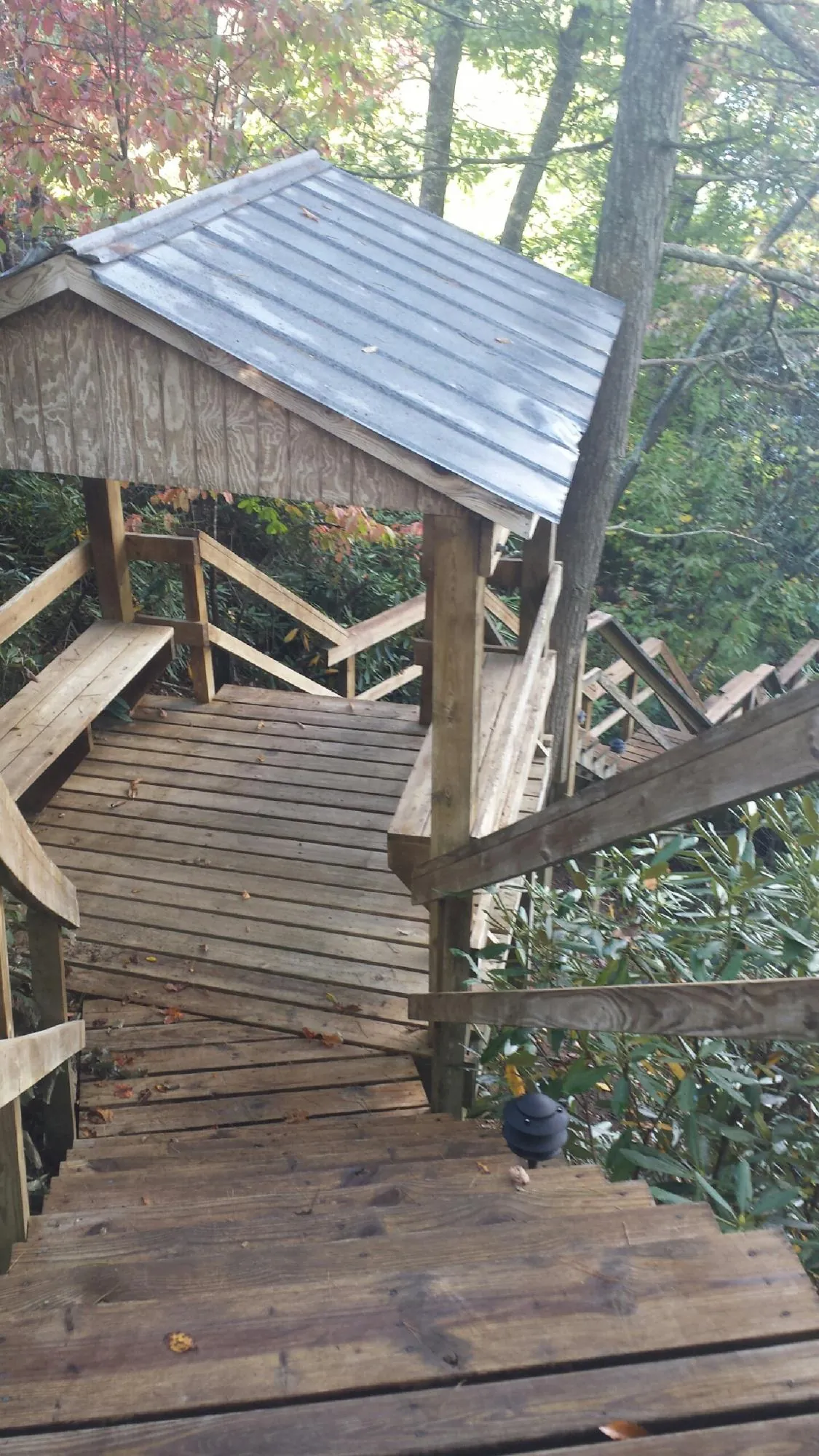 Metal roofed shelter over wooden steps on a wooded walkway — Skylight Repair & Installation work by our crew in Oneco